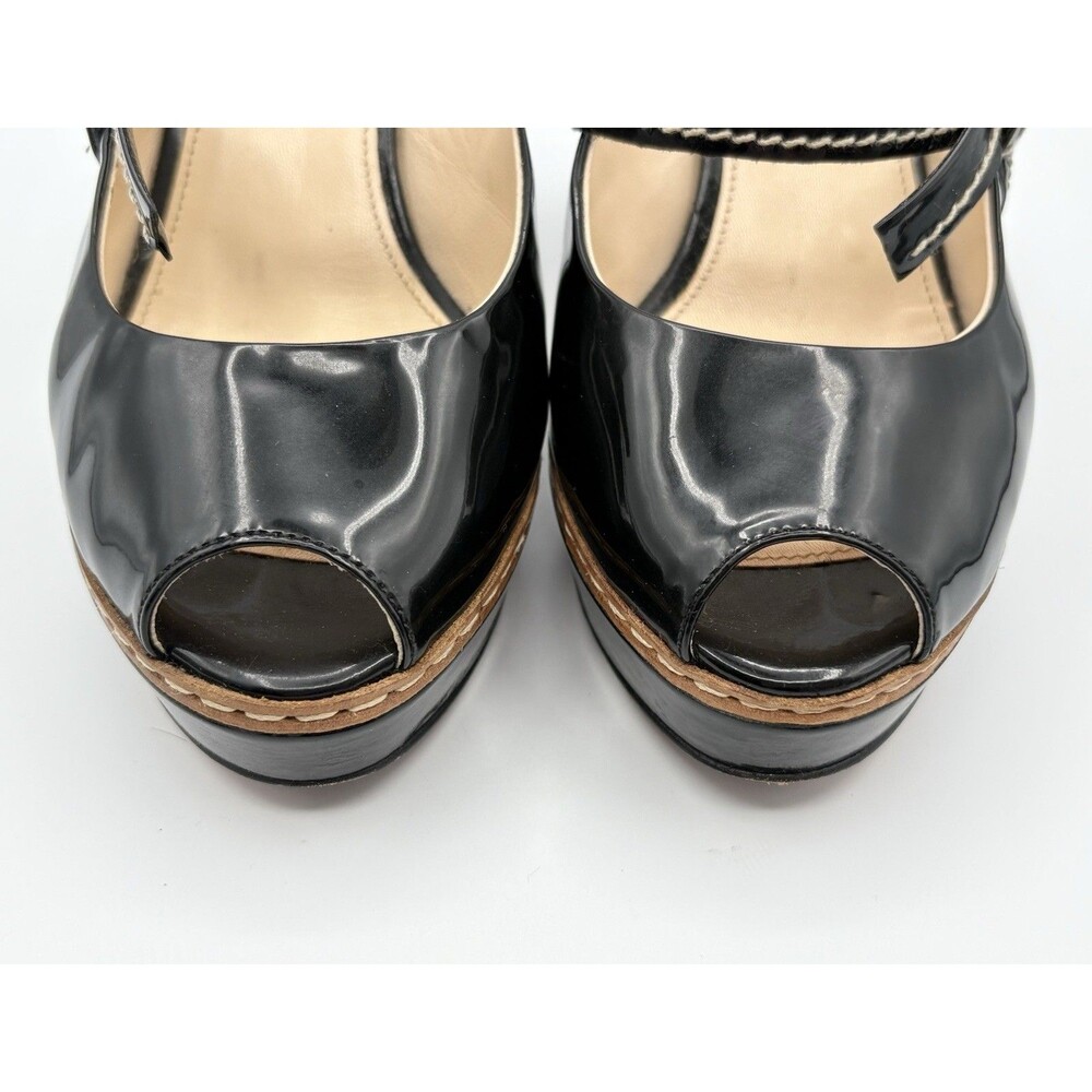 Prada S/S 2009 Black Patent Leather Heels Ribbon Detail Peep Toe Sz EU 34.5 - Picture 4 of 13